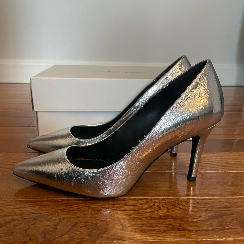 Calvin Klein Silver heels, size 5